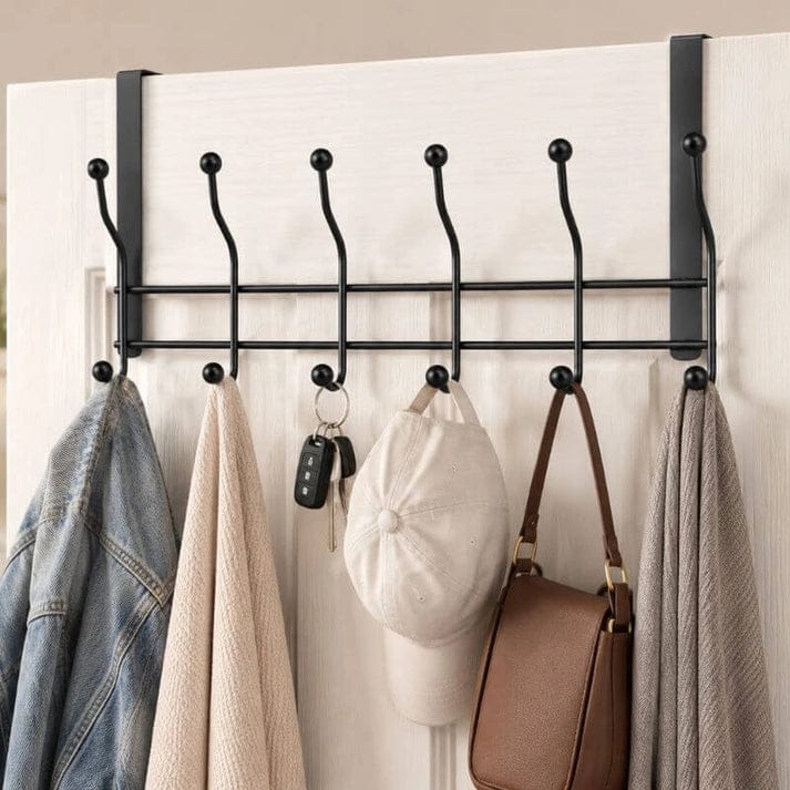 Over The Door 5 Dual Hook Rack – Matte Black | Ball Tip Coat & Towel Hanger | No Drill Door Organizer