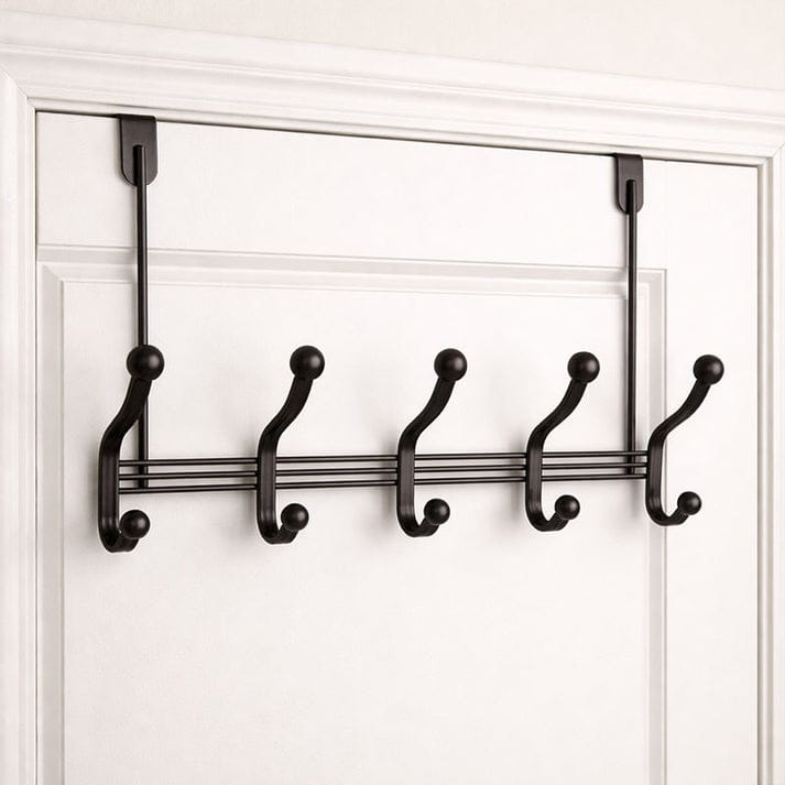 Over The Door 5 Dual Hook Rack – Matte Black | Ball Tip Coat & Towel Hanger | No Drill Door Organizer