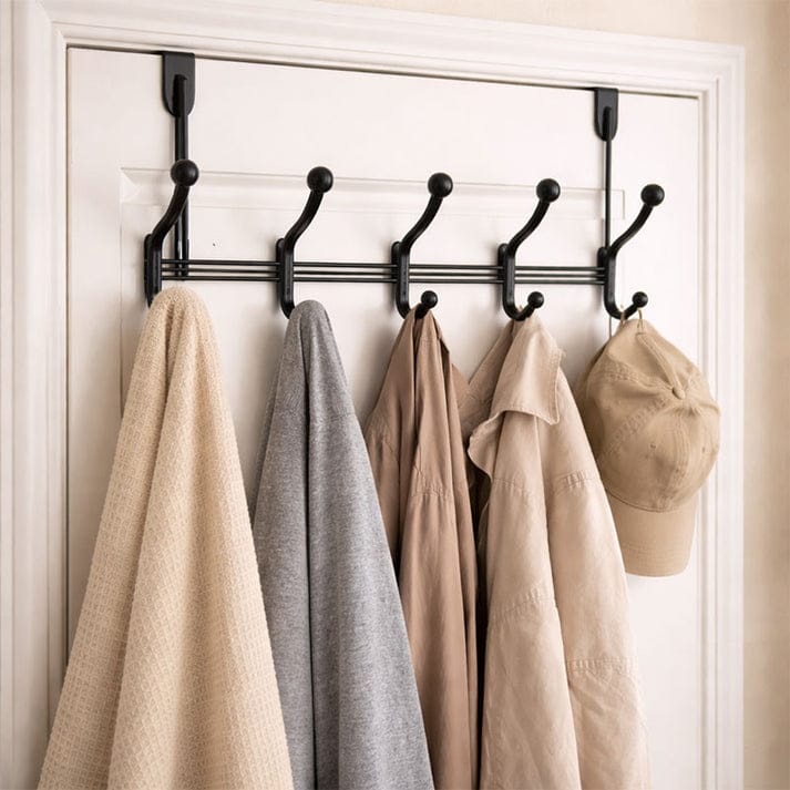 Over The Door 5 Dual Hook Rack – Matte Black | Ball Tip Coat & Towel Hanger | No Drill Door Organizer