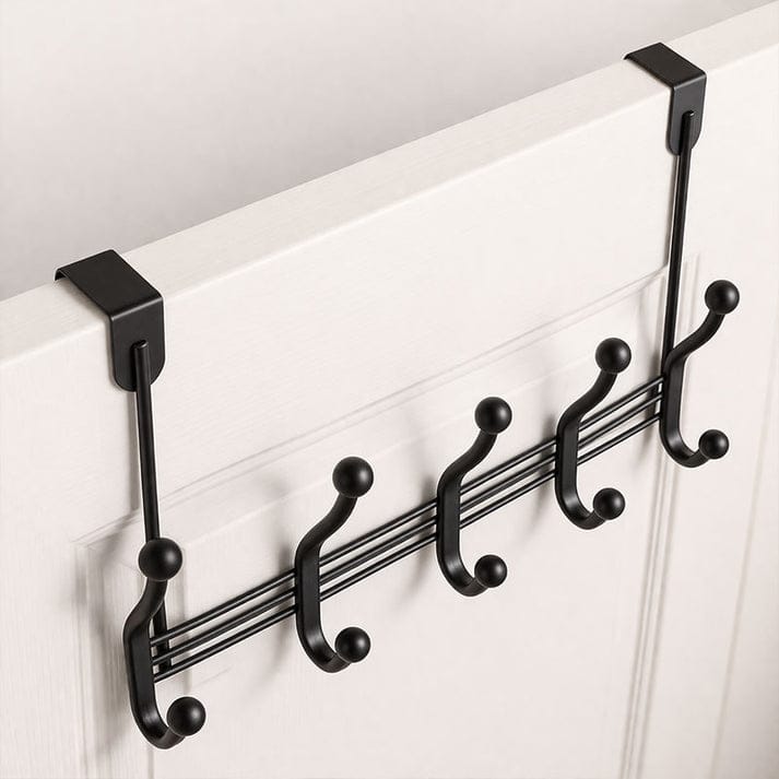Over The Door 5 Dual Hook Rack – Matte Black | Ball Tip Coat & Towel Hanger | No Drill Door Organizer